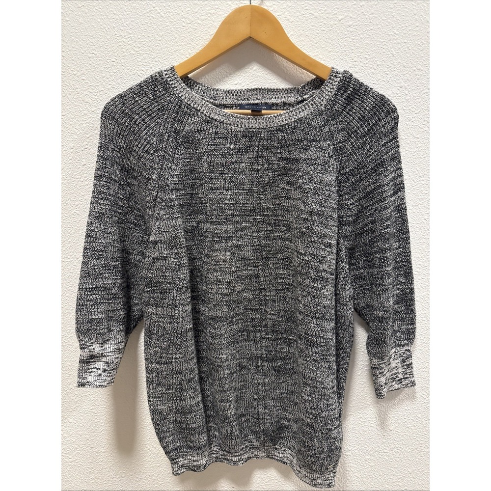Tommy Hilfiger Pullover Sweater Women Size M Gray Knit 100% Cotton Raglan Sleeve